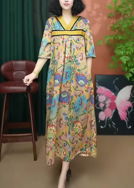 Cotton Dresses Summer Loose Print Long V Neck Yellow FashionChic