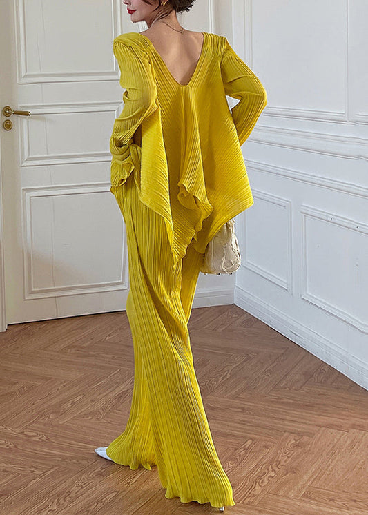 Two Set V Loose Piece Fall Neck Wrinkled Elastic Waist Yellow FashionChic