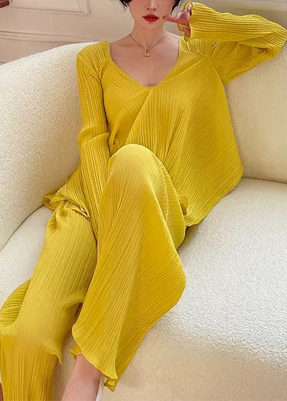 Two Set V Loose Piece Fall Neck Wrinkled Elastic Waist Yellow FashionChic