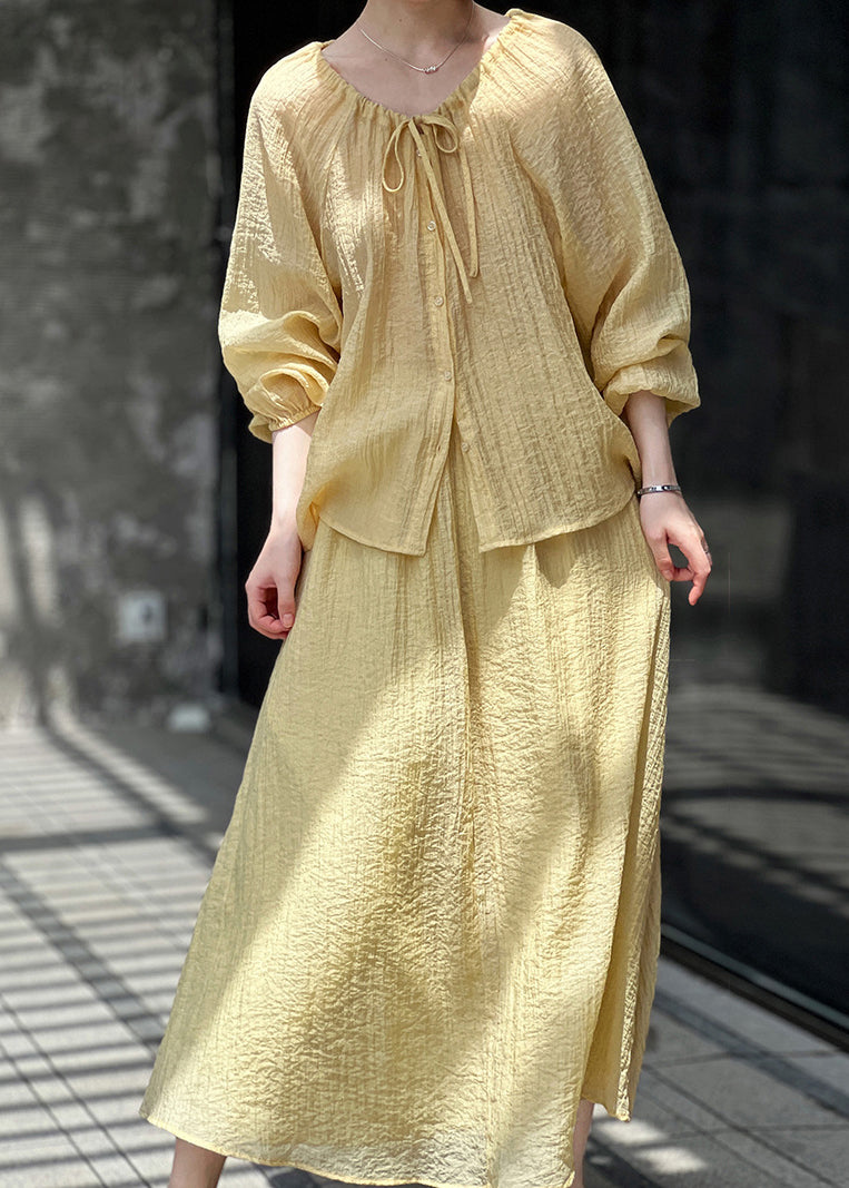 Up Yellow Silk Loose Two Lace Wrinkled Fall Set Pieces FashionChic