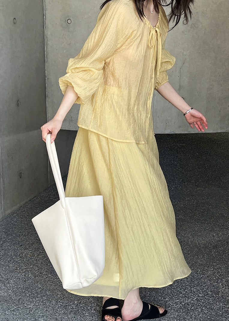 Up Yellow Silk Loose Two Lace Wrinkled Fall Set Pieces FashionChic