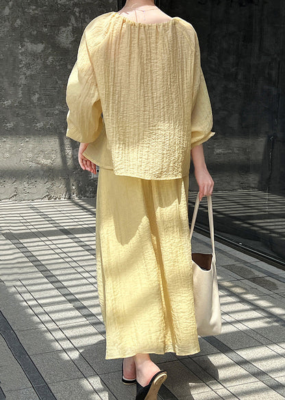 Up Yellow Silk Loose Two Lace Wrinkled Fall Set Pieces FashionChic