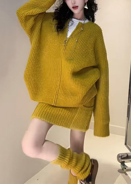 Set Fall Loose And Piece Skirts Cardigan Zippered Knit Yellow Two FashionChic