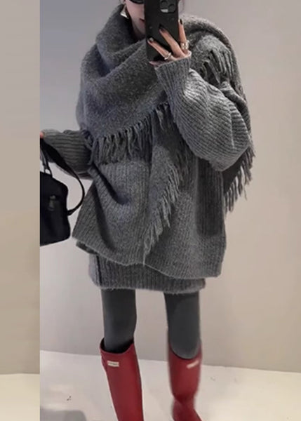 Set Fall Loose And Piece Skirts Cardigan Zippered Knit Yellow Two FashionChic