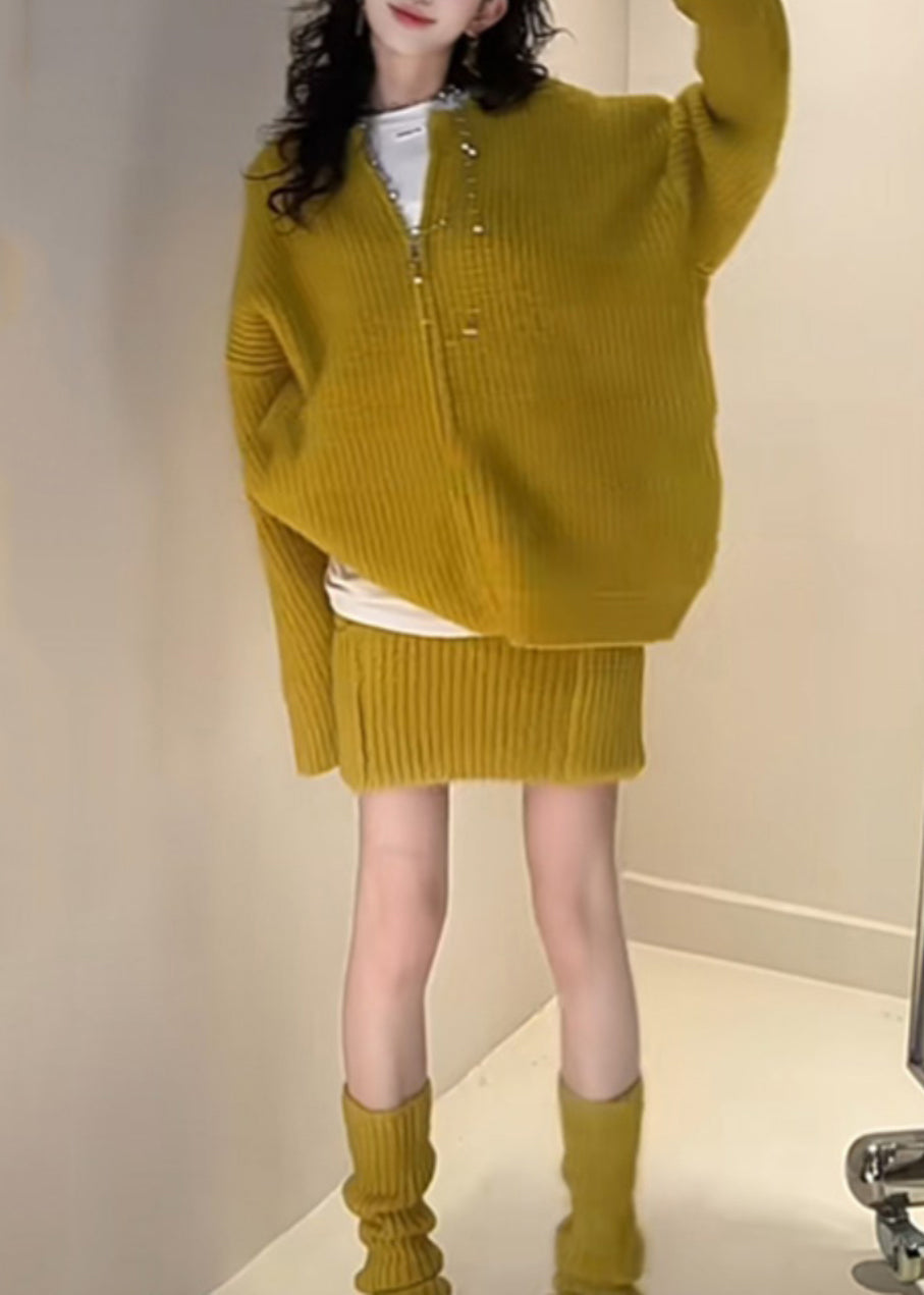 Set Fall Loose And Piece Skirts Cardigan Zippered Knit Yellow Two FashionChic
