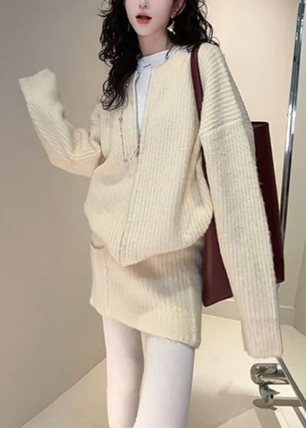 Set Fall Loose And Piece Skirts Cardigan Zippered Knit Yellow Two FashionChic