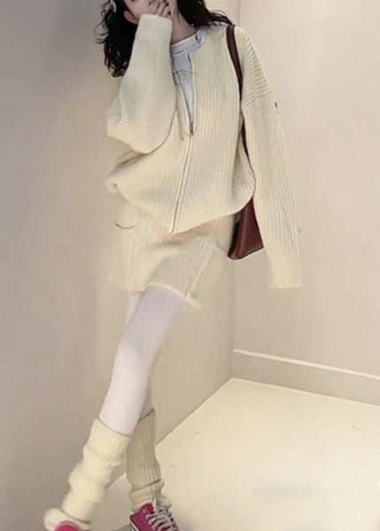 Set Fall Loose And Piece Skirts Cardigan Zippered Knit Yellow Two FashionChic