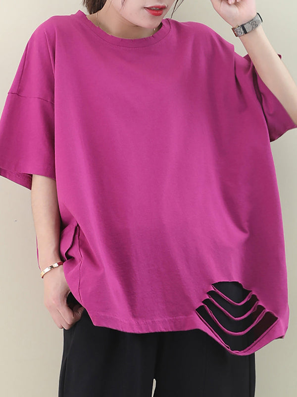 Plus Size  Loose Pure Color Hole Hem Summer T-shirt AA1021 Ada Fashion