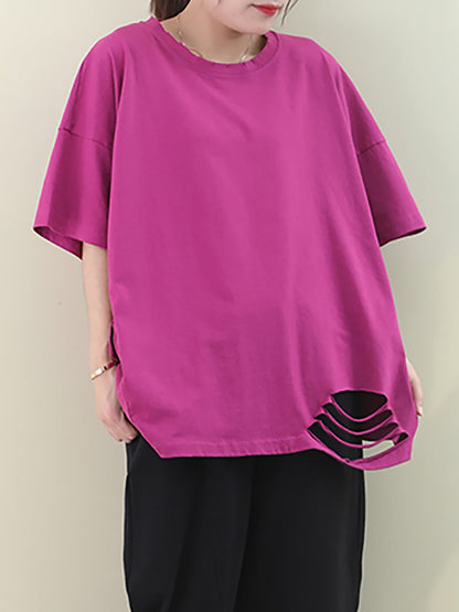 Plus Size  Loose Pure Color Hole Hem Summer T-shirt AA1021 Ada Fashion