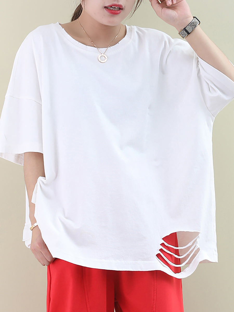 Plus Size  Loose Pure Color Hole Hem Summer T-shirt AA1021 Ada Fashion