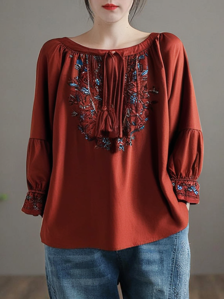 Grace Red Embroidered Lace Up Cotton Shirt Long Sleeve QR025 GSK-240929