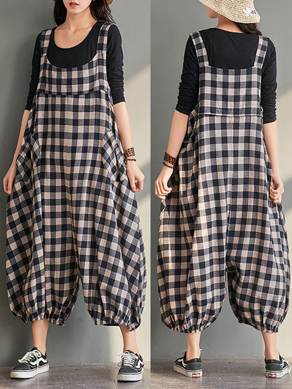 Plus Size Women Loose Casual Checkered Bib Overalls AA1024 Ada Fashion