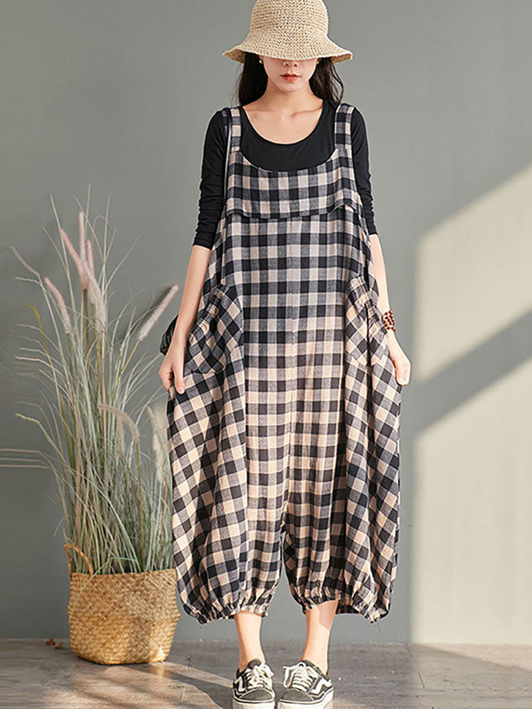 Plus Size Women Loose Casual Checkered Bib Overalls AA1024 Ada Fashion