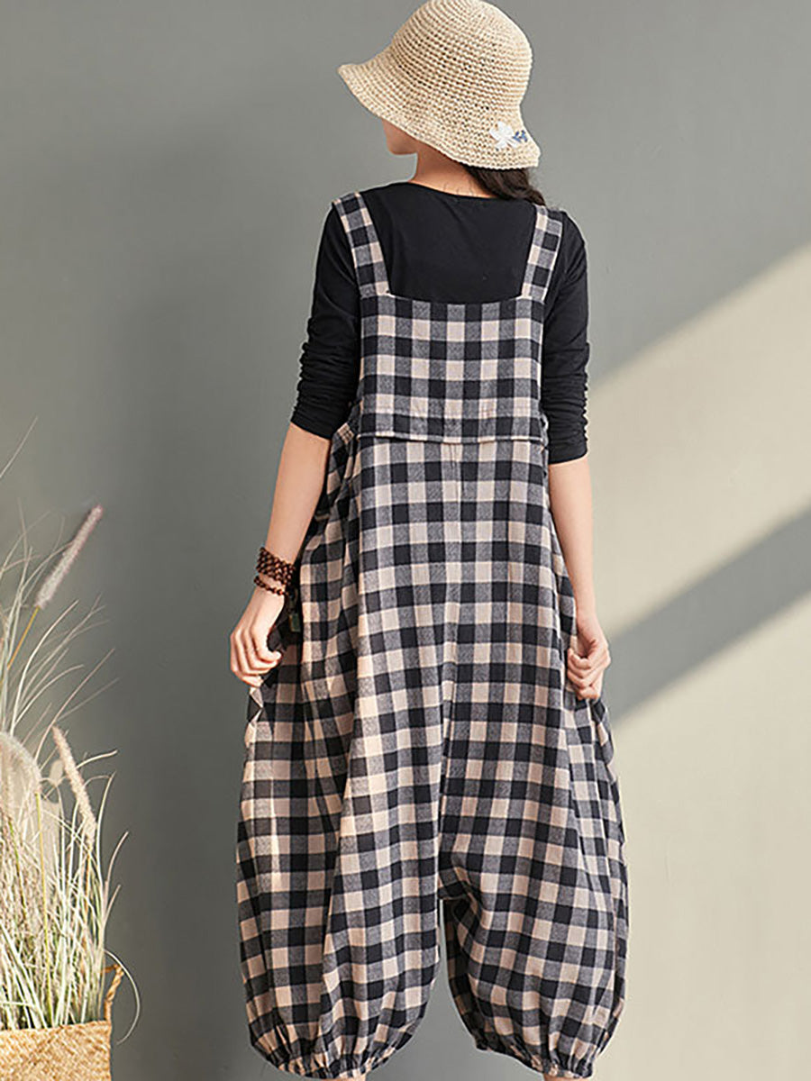 Plus Size Women Loose Casual Checkered Bib Overalls AA1024 Ada Fashion