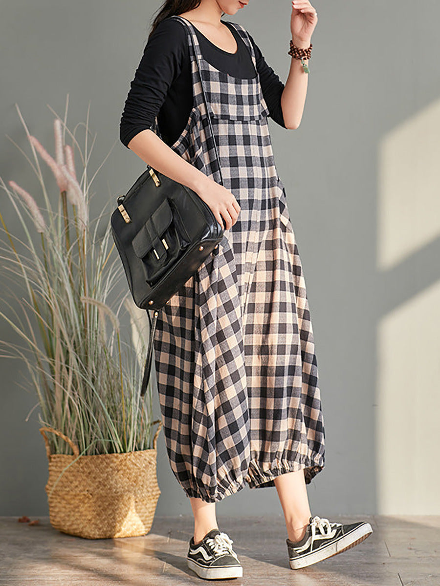 Plus Size Women Loose Casual Checkered Bib Overalls AA1024 Ada Fashion