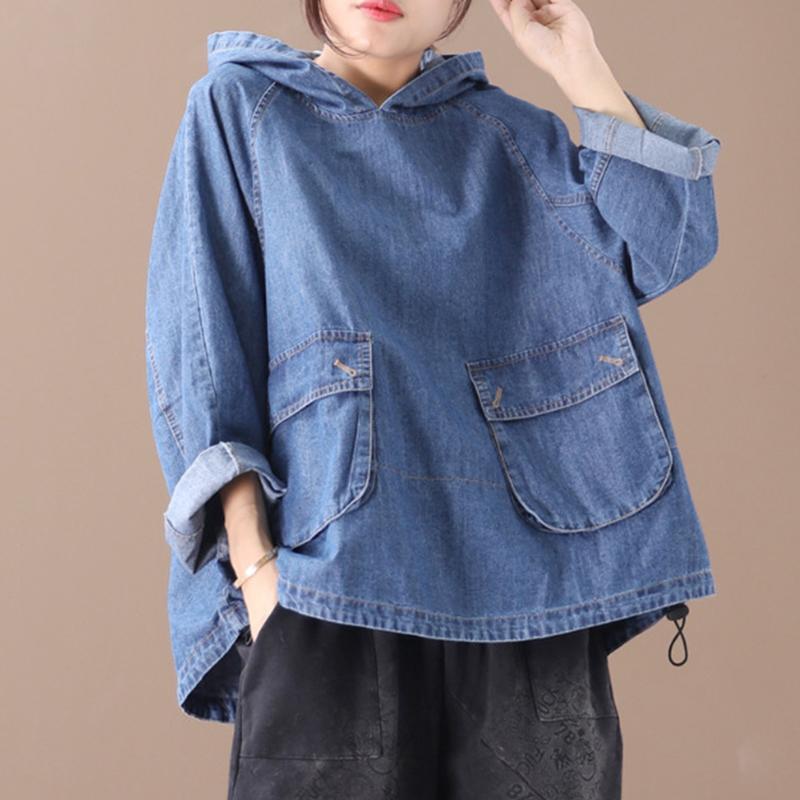 Plus Size - Loose Solid Color Drawstring Denim Hoodie OP1019 BK
