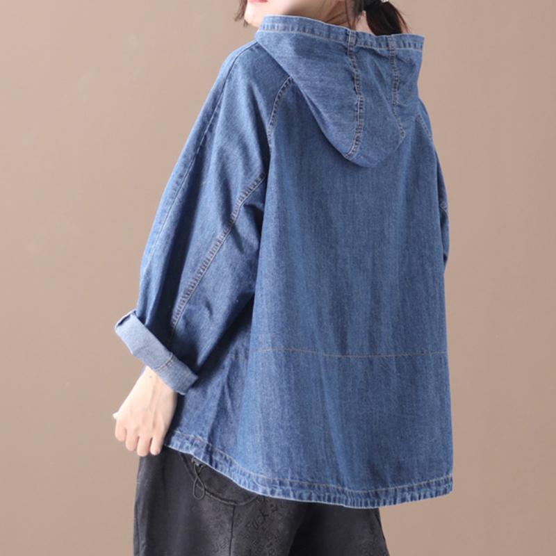 Plus Size - Loose Solid Color Drawstring Denim Hoodie OP1019 BK