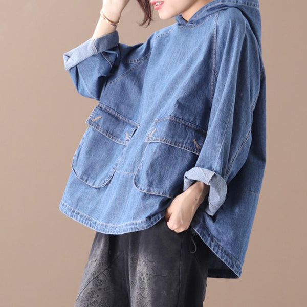 Plus Size - Loose Solid Color Drawstring Denim Hoodie OP1019 BK