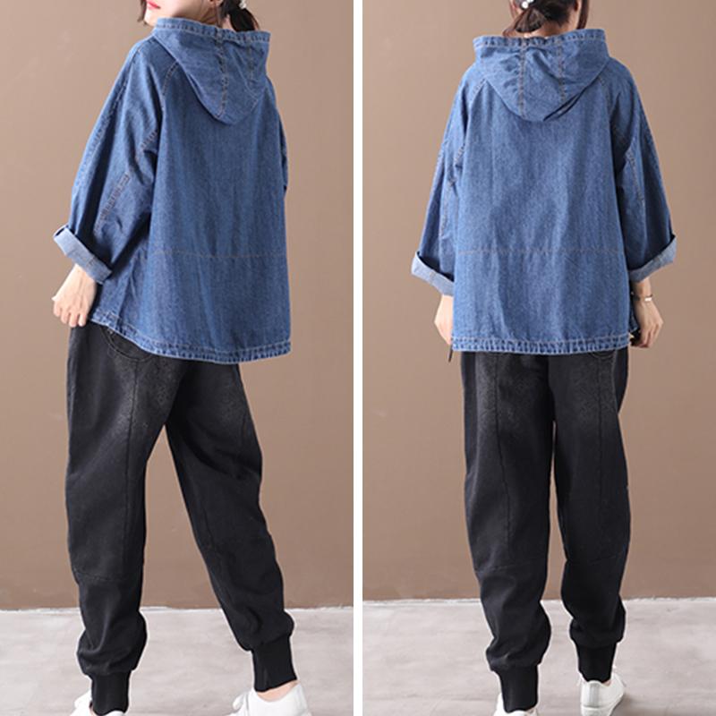 Plus Size - Loose Solid Color Drawstring Denim Hoodie OP1019 BK