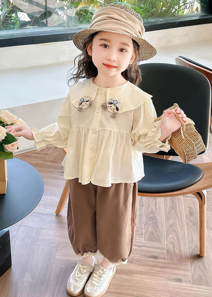 Lovely Apricot Shirts And Coffee Crop Pants Cotton Girls Two Pieces Set Flare Sleeve YU1051 WS-RCTZ-TPGIEC240529