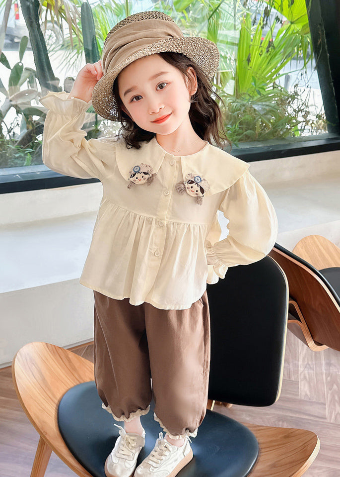 Lovely Apricot Shirts And Coffee Crop Pants Cotton Girls Two Pieces Set Flare Sleeve YU1051 WS-RCTZ-TPGIEC240529