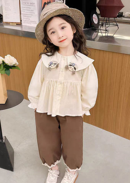 Lovely Apricot Shirts And Coffee Crop Pants Cotton Girls Two Pieces Set Flare Sleeve YU1051 WS-RCTZ-TPGIEC240529