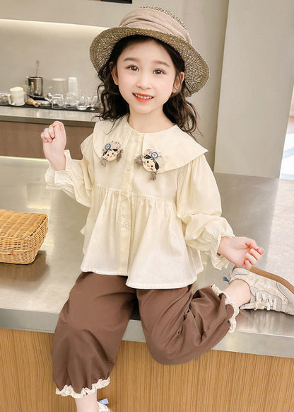 Lovely Apricot Shirts And Coffee Crop Pants Cotton Girls Two Pieces Set Flare Sleeve YU1051 WS-RCTZ-TPGIEC240529