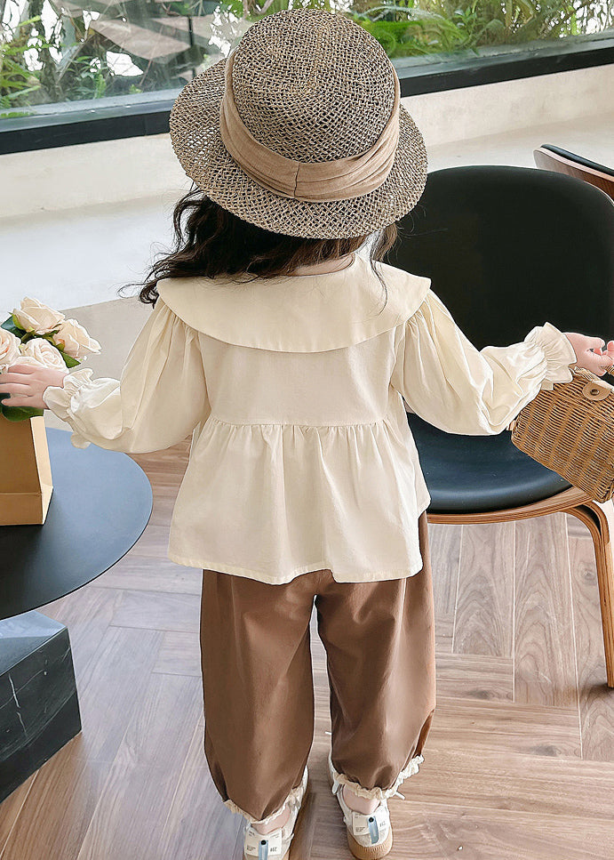 Lovely Apricot Shirts And Coffee Crop Pants Cotton Girls Two Pieces Set Flare Sleeve YU1051 WS-RCTZ-TPGIEC240529