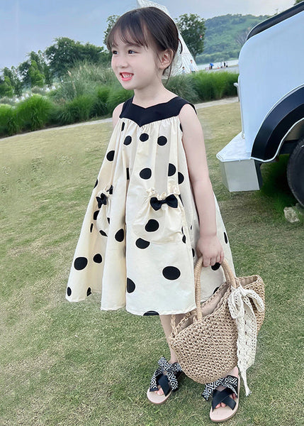 Lovely Beige Lace Up Print Pockets Cotton Girls Dresses Sleeveless EW046 WS-RCTZSDGM240809