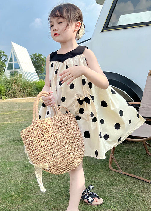 Lovely Beige Lace Up Print Pockets Cotton Girls Dresses Sleeveless EW046 WS-RCTZSDGM240809