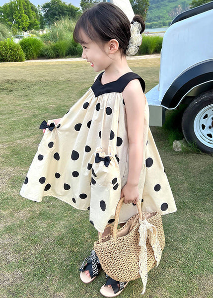 Lovely Beige Lace Up Print Pockets Cotton Girls Dresses Sleeveless EW046 WS-RCTZSDGM240809