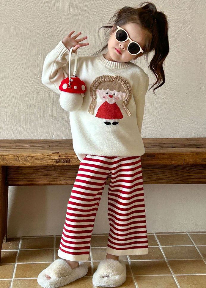 Lovely Beige O-Neck Character Kids Cotton Knit Sweaters And Flare Trousers Two Pieces Set Spring TR032 ABC