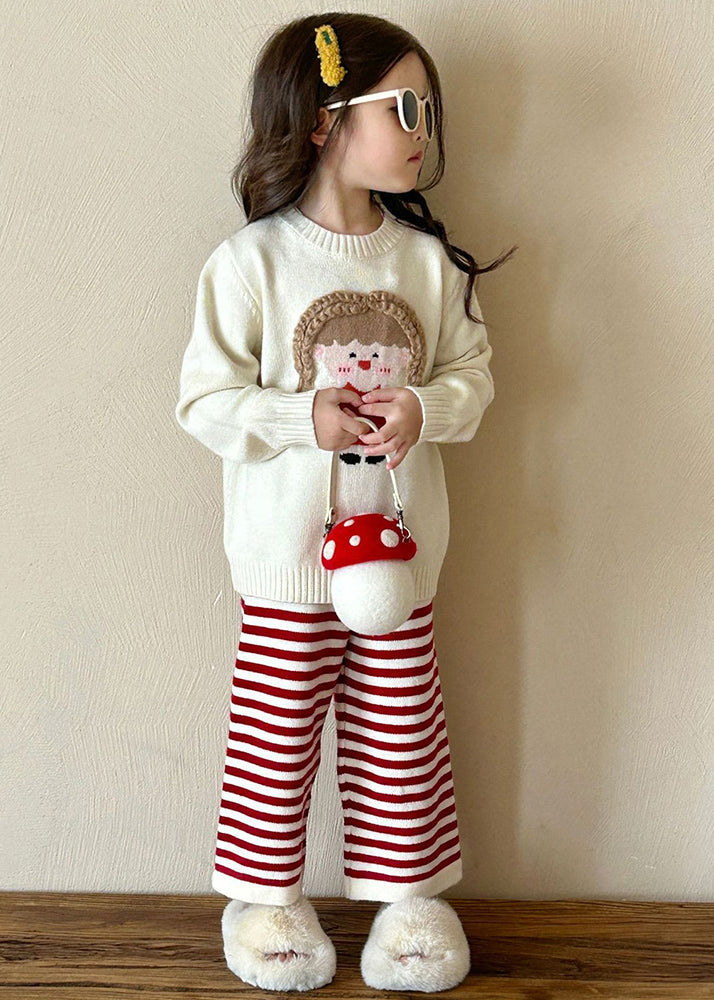 Lovely Beige O-Neck Character Kids Cotton Knit Sweaters And Flare Trousers Two Pieces Set Spring TR032 ABC