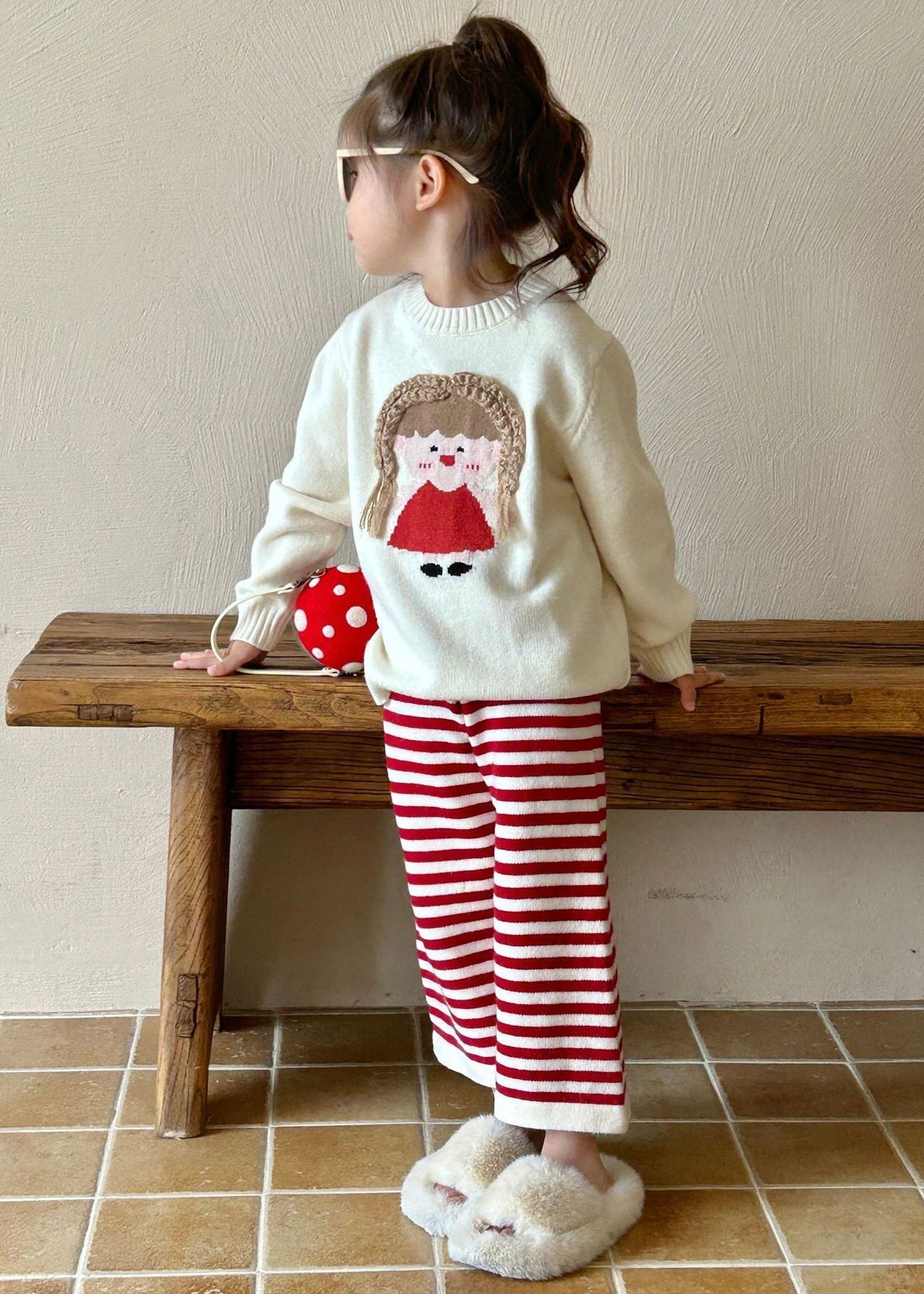 Lovely Beige O-Neck Character Kids Cotton Knit Sweaters And Flare Trousers Two Pieces Set Spring TR032 ABC