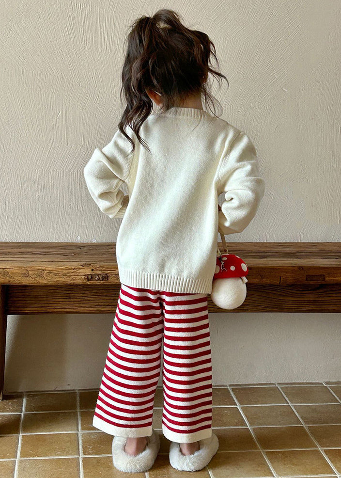 Lovely Beige O-Neck Character Kids Cotton Knit Sweaters And Flare Trousers Two Pieces Set Spring TR032 ABC