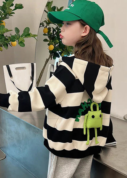 Lovely Black White Striped Pockets Girls Hoodies Coats Fall QV047 MM-RCTZCGTS241026