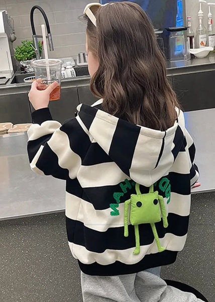 Lovely Black White Striped Pockets Girls Hoodies Coats Fall QV047 MM-RCTZCGTS241026