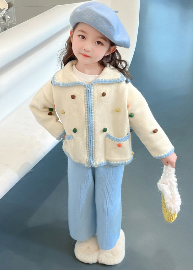 Lovely Blue Peter Pan Collar Patchwork Knitted Cotton Girls Cardigans And Crop Pants Two Piece Set Spring TR025 ABC