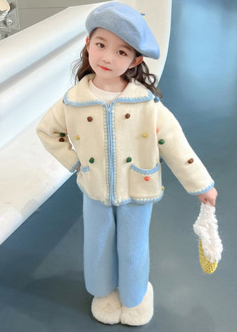 Lovely Blue Peter Pan Collar Patchwork Knitted Cotton Girls Cardigans And Crop Pants Two Piece Set Spring TR025 ABC
