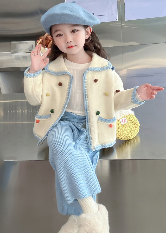 Lovely Blue Peter Pan Collar Patchwork Knitted Cotton Girls Cardigans And Crop Pants Two Piece Set Spring TR025 ABC