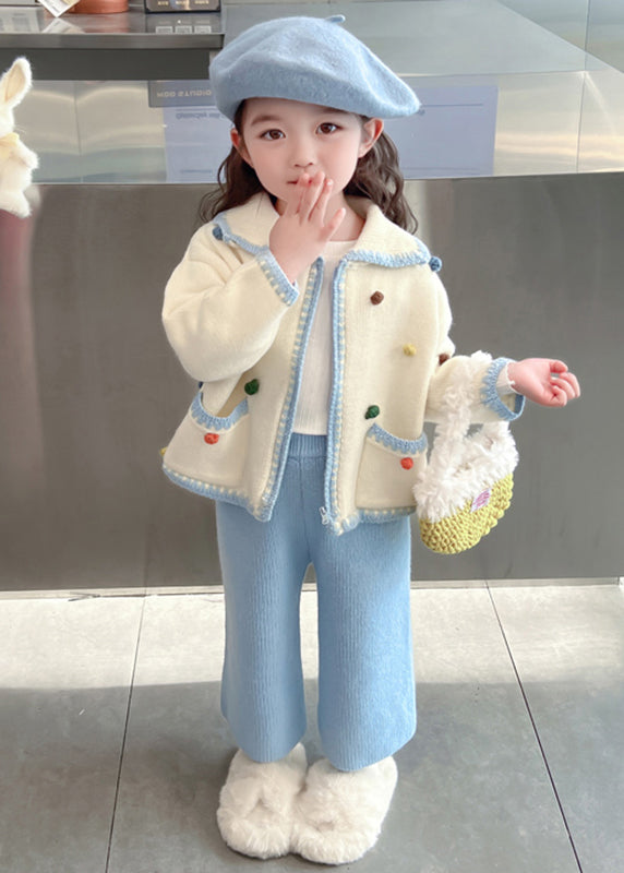 Lovely Blue Peter Pan Collar Patchwork Knitted Cotton Girls Cardigans And Crop Pants Two Piece Set Spring TR025 ABC