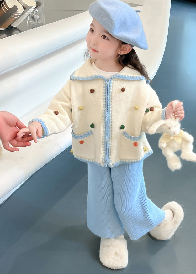 Lovely Blue Peter Pan Collar Patchwork Knitted Cotton Girls Cardigans And Crop Pants Two Piece Set Spring TR025 ABC