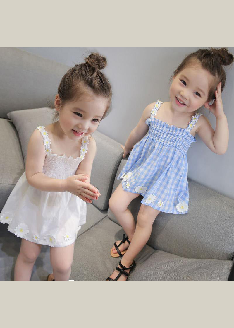 Lovely Blue Plaid Wrinkled Floral Cotton Kids Mid Dress Sleeveless GF001 MM-RCTZ-SDM230724