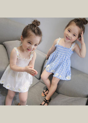 Lovely Blue Plaid Wrinkled Floral Cotton Kids Mid Dress Sleeveless GF001 MM-RCTZ-SDM230724