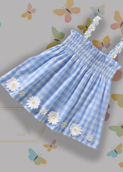 Lovely Blue Plaid Wrinkled Floral Cotton Kids Mid Dress Sleeveless GF001 MM-RCTZ-SDM230724