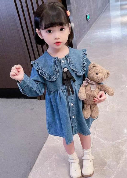 Lovely Blue Ruffled Button Shirt Girls Long Dress Long Sleeve XZ011 FALL-MM-RCTZ-FDGL240618