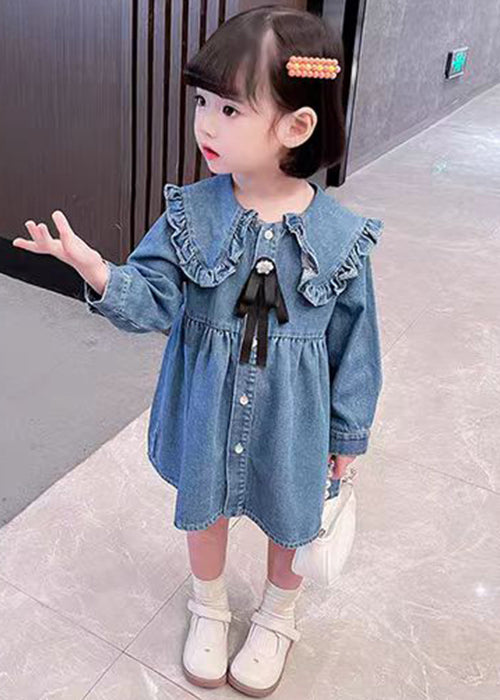 Lovely Blue Ruffled Button Shirt Girls Long Dress Long Sleeve XZ011 FALL-MM-RCTZ-FDGL240618