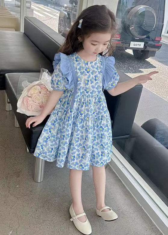 Lovely Blue Ruffled Print Cotton Girls Long Dress Summer TT015 MM-RCTZSDGL240816