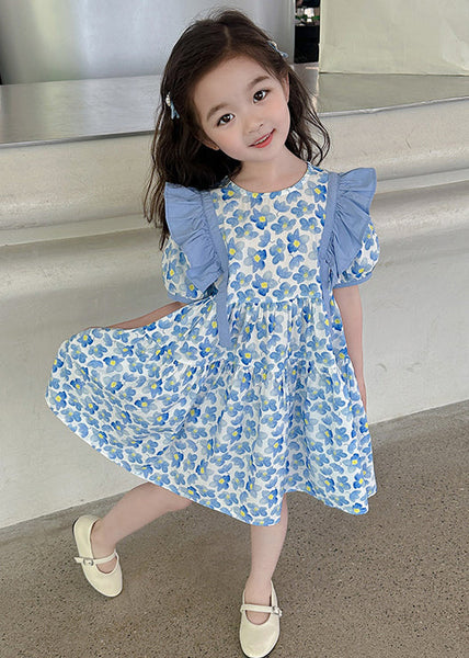 Lovely Blue Ruffled Print Cotton Girls Long Dress Summer TT015 MM-RCTZSDGL240816