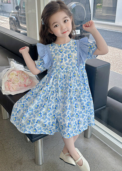 Lovely Blue Ruffled Print Cotton Girls Long Dress Summer TT015 MM-RCTZSDGL240816